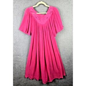 Vintage Silvercord Midi Day Dress One Size Pink Casual Gauzy V Neck Bell Sleeve